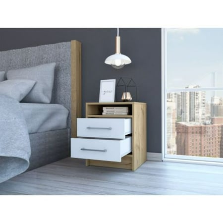 Tuhome Eter Nightstand, Superior Top, Two Drawers, White/Light Oak MBD6566